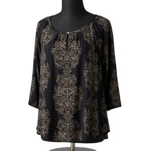 Lucky Brand Blouse Women Plus 3X Black Beige Floral Boho Chic Peasant Top Tunic